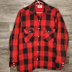 VINTAGE 5 BROTHER PEARL SNAP THICK LINED RED COTTON PLAID SHIRT SIZE M